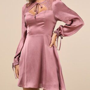 Lulus Consistent Beauty Mauve Pink Lace Cutout Long Sleeve Mini Dress - Size XL